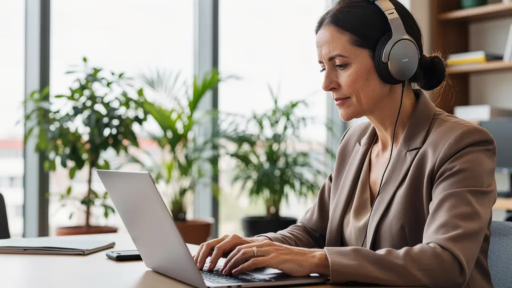 Professionnelle suivant une formation e-learning sur ordinateur portable dans un espace de travail moderne