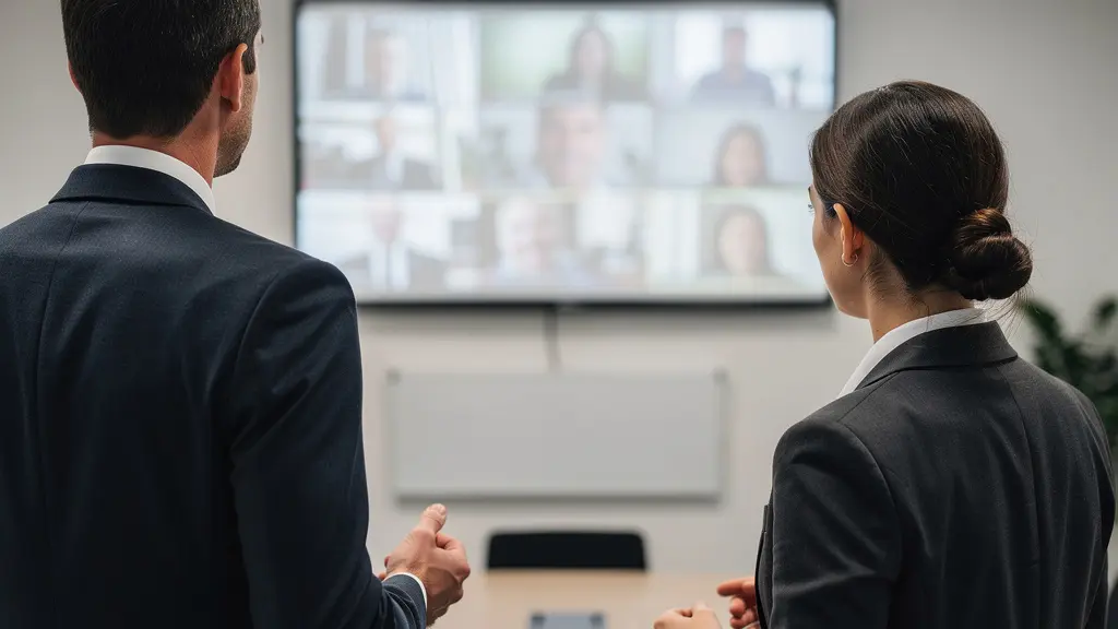 Réunion de formation hybride avec écran de visioconférence et collaborateurs présents
