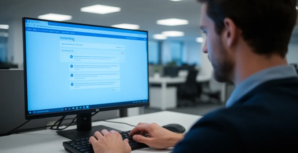 Vue over-shoulder d'un professionnel consultant une plateforme e-learning sur son écran