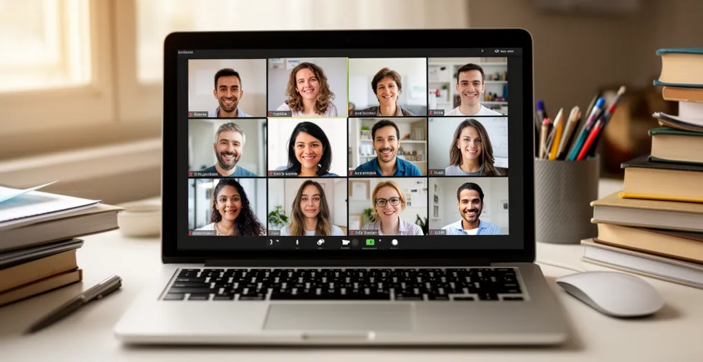 Écran laptop affichant une classe virtuelle avec plusieurs participants en visioconférence