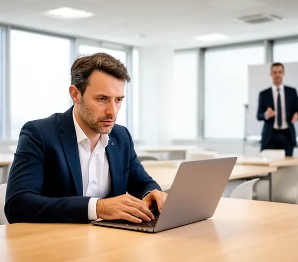 Participant consultant son laptop pendant une session de blended learning en salle de formation
