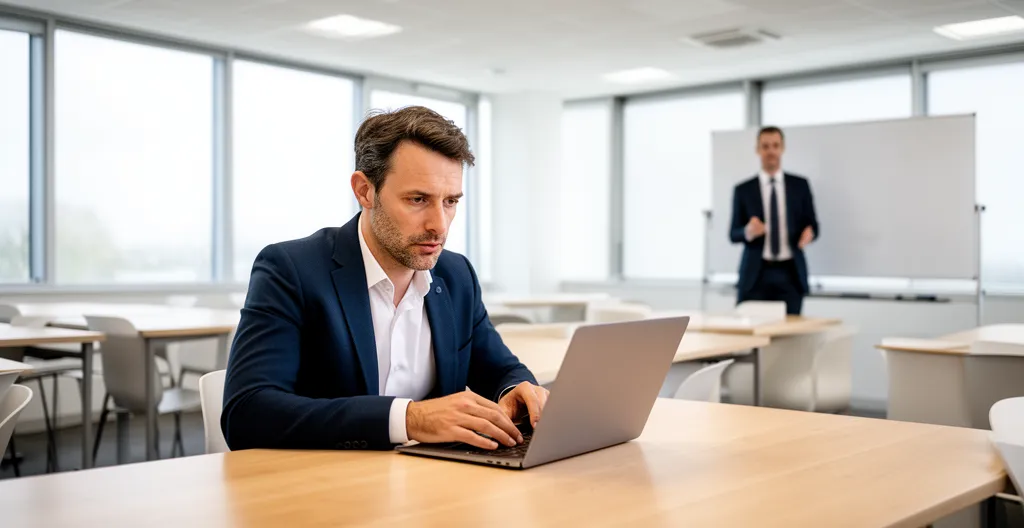 Participant consultant son laptop pendant une session de blended learning en salle de formation