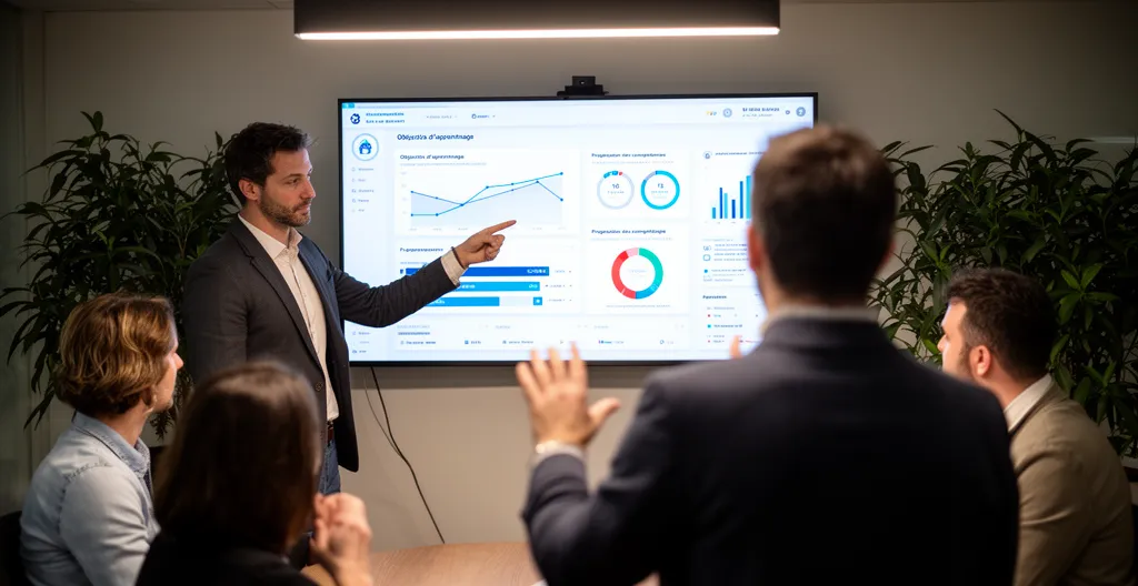 Responsable formation présentant une stratégie de digital learning à son équipe