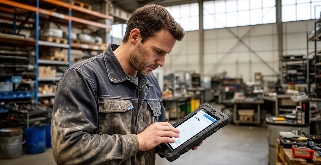 Technicien industriel consultant un module de formation sur tablette pendant une pause